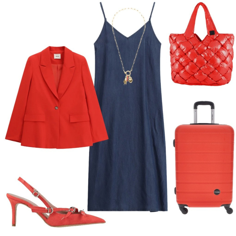 Outfit donna - Adele: viaggio in abito midi.. Stile Casual chic per Tutti i giorni. Abbinamento con décolleté, blazer, ciondoli, vestiti midi/longuette, borse tote, valigie.