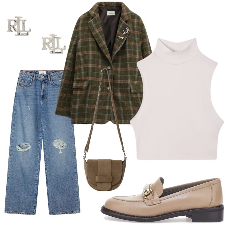 Outfit donna - Total look #2352086. Stile Casual per Serata fuori. Abbinamento con jeans strappati, top, borse a tracolla, blazer, orecchini, mocassini.