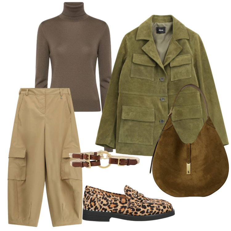 Outfit donna - Look. Stile Casual per Tutti i giorni. Abbinamento con mocassini, pantaloni a palazzo, cappotti, maglieria, cinture, borse a spalla.