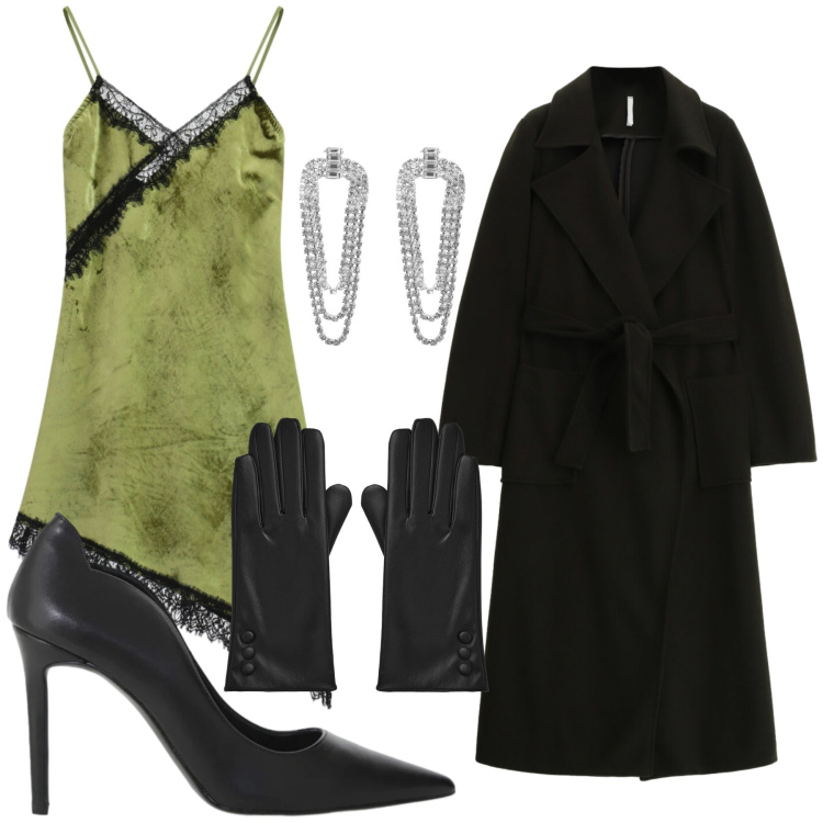 Outfit donna - Total look #2352091. Stile Casual chic per Serata fuori. Abbinamento con orecchini, guanti, vestiti asimmetrici, cappotti, décolleté.