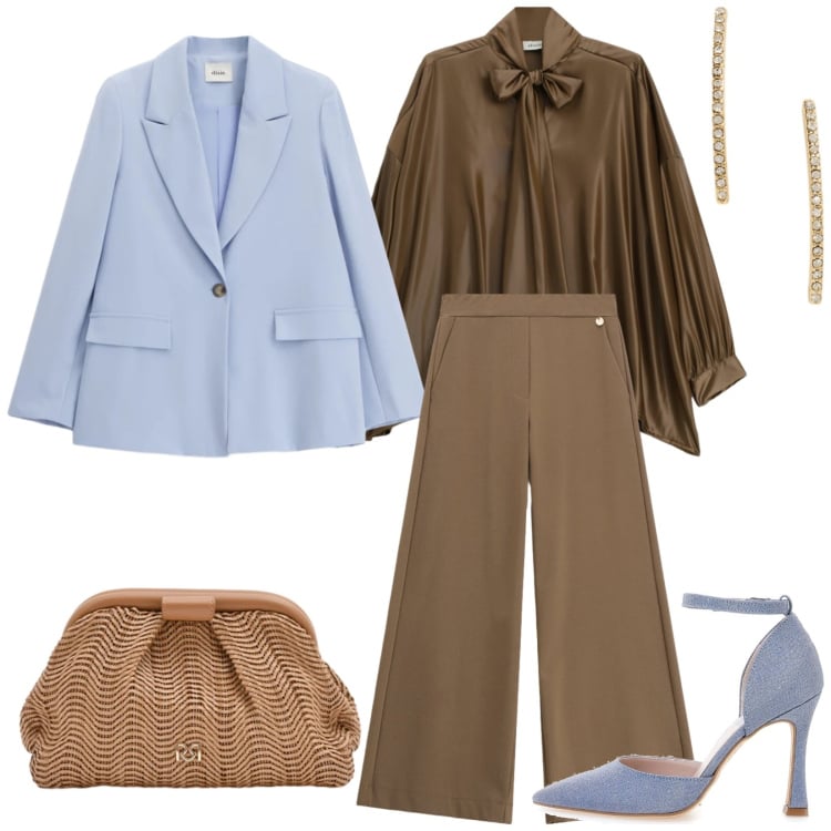 Outfit donna - Total look #2352096. Stile Bon Ton per Cerimonia. Abbinamento con pochette, pantaloni a palazzo, orecchini, camicie, blazer, décolleté.
