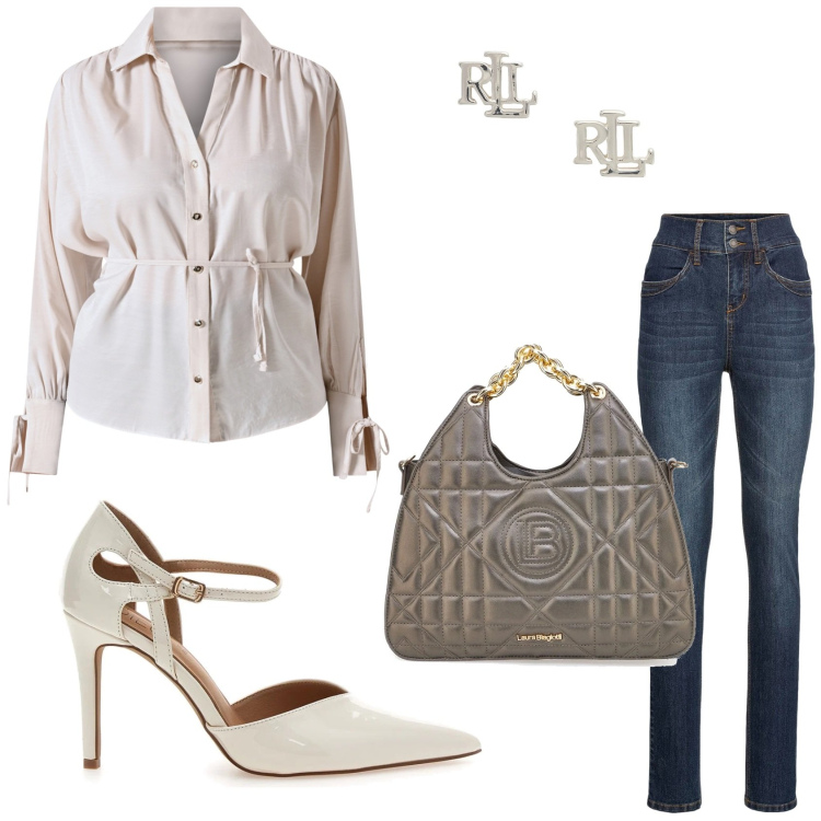 Outfit donna - Jeans in ufficio. Stile Casual chic per Tutti i giorni. Abbinamento con jeans slim fit, camicie, orecchini, décolleté, borse a mano.