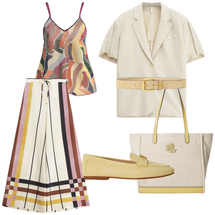 Outfit donna - Look. Stile Casual chic per Tutti i giorni. Abbinamento con top, blazer, pantaloni a palazzo, borse tote, cinture, mocassini.