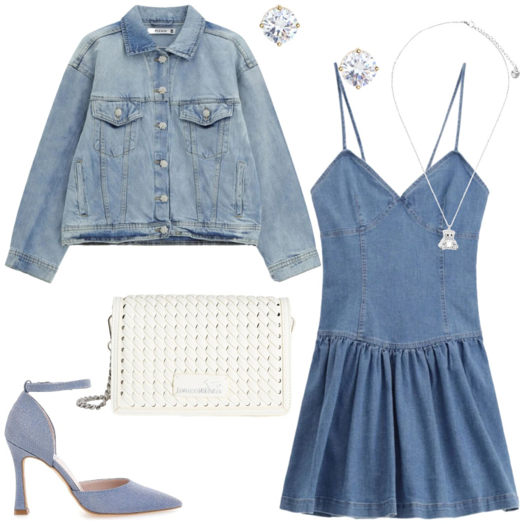 Outfit donna - Light blue jeans. Stile Trendy per Serata fuori. Abbinamento con borse a tracolla, vestiti corti, blazer, ciondoli, orecchini, décolleté.
