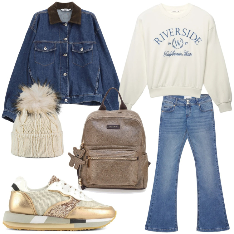 Outfit donna - Denim in marzo. Stile Casual per Tutti i giorni. Abbinamento con jeans a zampa, felpe, blazer, berretti, sneakers, zaini.