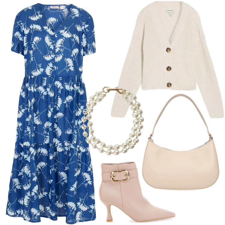 Outfit donna - Primavera che valorizza. Stile Romantica per Tutti i giorni. Abbinamento con vestiti midi/longuette, cardigans, borse a tracolla, braccialetti, stivaletti.