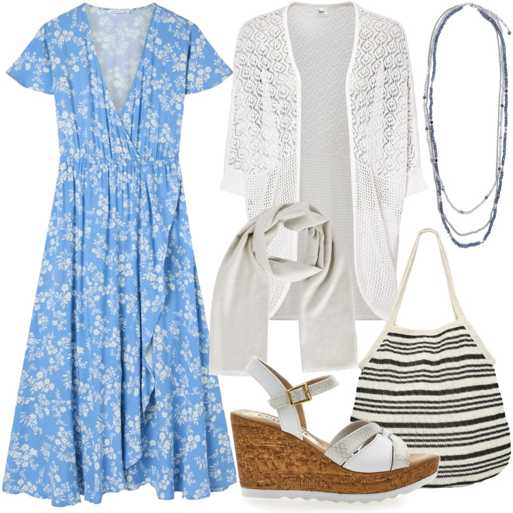 Outfit donna - Primavera che valorizza. Stile Boho per Tutti i giorni. Abbinamento con cardigans, vestiti lunghi, foulard, shopping bag, collane, zeppe.