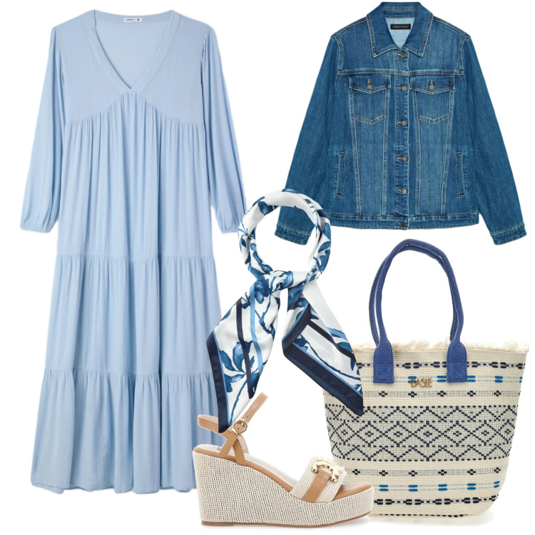 Outfit donna - Primavera che valorizza. Stile Boho per Tutti i giorni. Abbinamento con vestiti lunghi, foulard, blazer, zeppe, borse a mano.