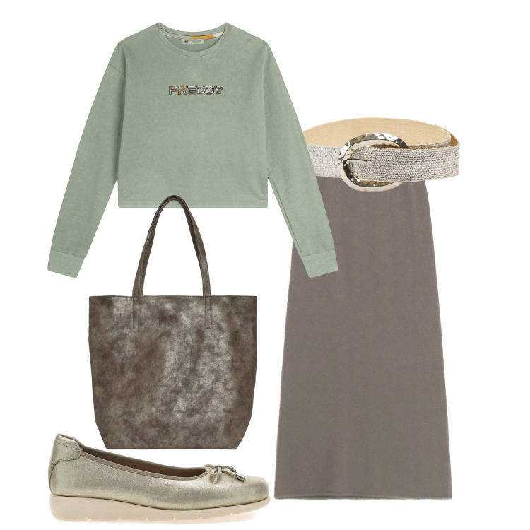 Outfit donna - Accessori metallo. Stile Bon Ton per Tutti i giorni. Abbinamento con shopping bag, cinture, gonne lunghe, felpe, ballerine.