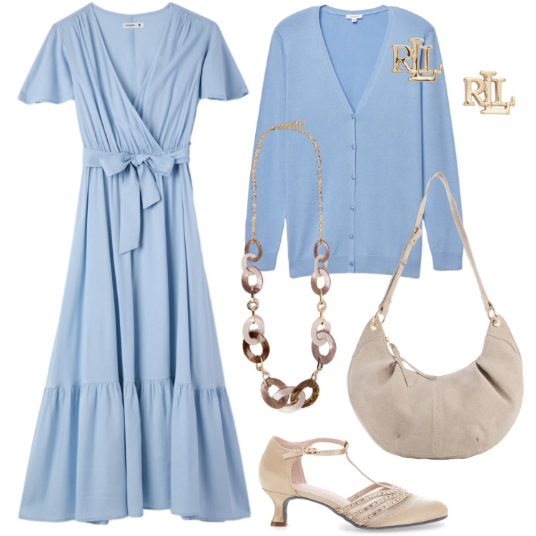 Outfit donna - Il potere dei colori pastello. Stile Romantica per Tutti i giorni. Abbinamento con borse a tracolla, cardigans, vestiti lunghi, collane, orecchini, décolleté.