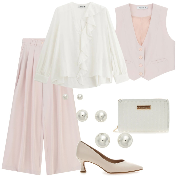 Outfit donna - Bantoa ss26. Stile Romantica per Cerimonia. Abbinamento con pantaloni a palazzo, bluse, gilet, orecchini, décolleté, portafogli.