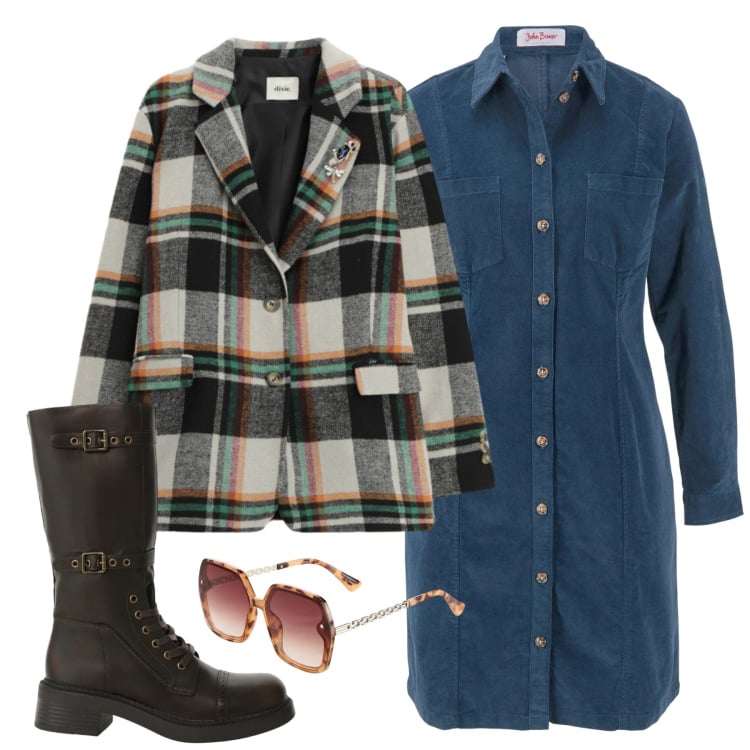 Outfit donna - Urban Denim Chic. Stile Urban per Tutti i giorni. Abbinamento con vestiti, occhiali da sole, body, stivali, collane, blazer.