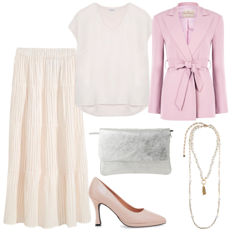 Outfit donna - Il potere dei colori pastello. Stile Romantica per Cerimonia. Abbinamento con gonne lunghe, collane, bluse, borse a spalla, blazer, décolleté.