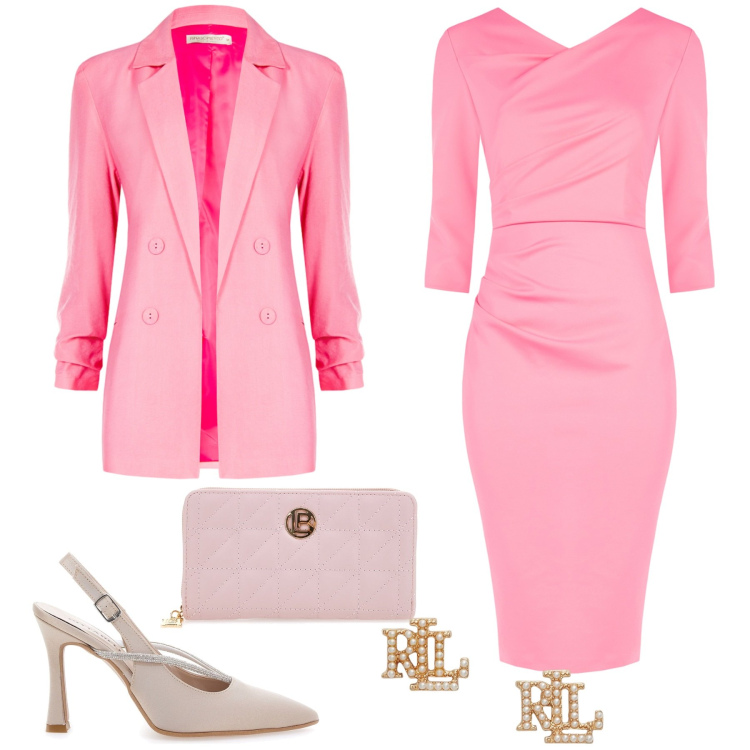 Outfit donna - Il potere dei colori pastello. Stile Chic per Cerimonia. Abbinamento con vestiti a tubino, blazer, orecchini, portafogli, décolleté.