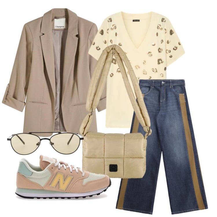 Outfit donna - Marzo. Stile Casual per Tutti i giorni. Abbinamento con blazer, occhiali da sole, t-shirt, jeans a zampa, borse a spalla, sneakers.