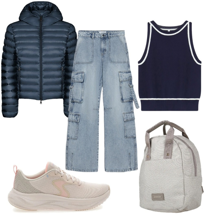 Outfit donna - Blue is the New Season : basic. Stile Basic per Tutti i giorni. Abbinamento con zaini, jeans, top, bomber, sneakers.