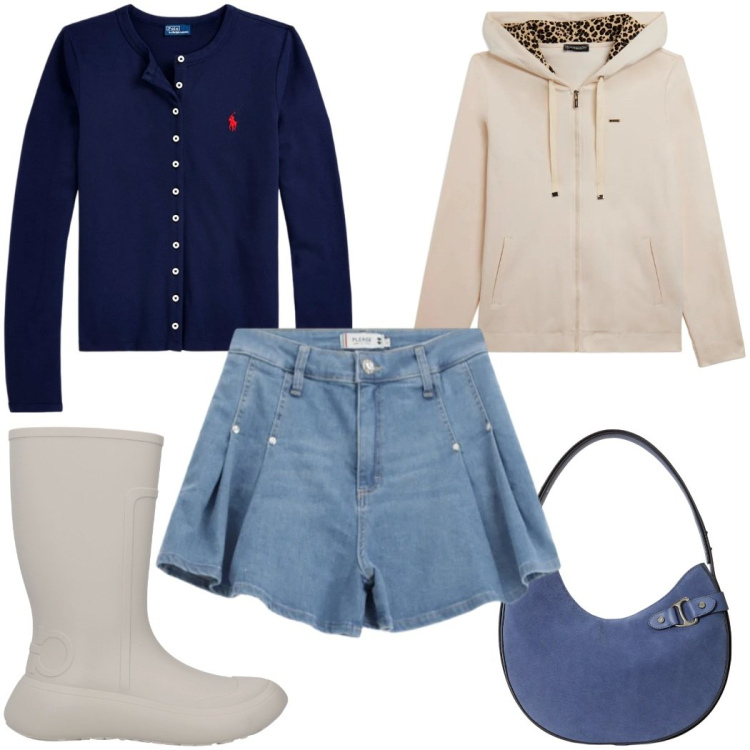 Outfit donna - Blue is the New Season la gonna. Stile Trendy per Tutti i giorni. Abbinamento con stivali di gomma, shorts, felpe con cappuccio, cardigans, borse a spalla.