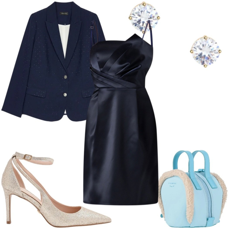 Outfit donna - Blue is the New Season : glamour. Stile Glamour per Cerimonia. Abbinamento con zaini, blazer, décolleté, vestiti corti, orecchini.