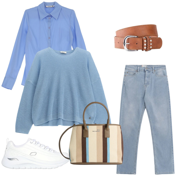 Outfit donna - Casual Sky Blue. Stile Casual chic per Tutti i giorni. Abbinamento con cinture, shopping bag, maglieria, jeans, camicie, sneakers.