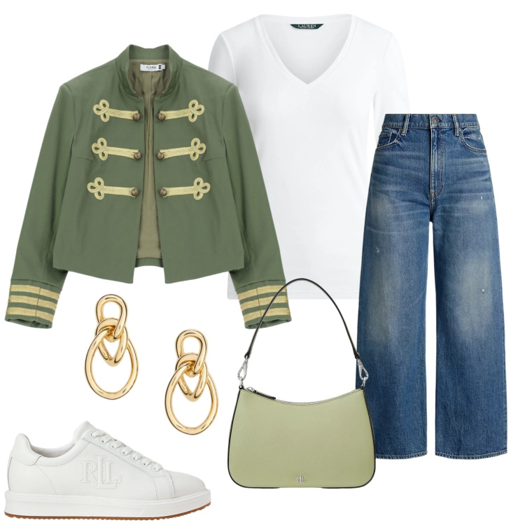 Outfit donna - Urban Military. Stile Casual chic per Tutti i giorni. Abbinamento con cappotti, sneakers, jeans, t-shirt, borse a spalla, orecchini.