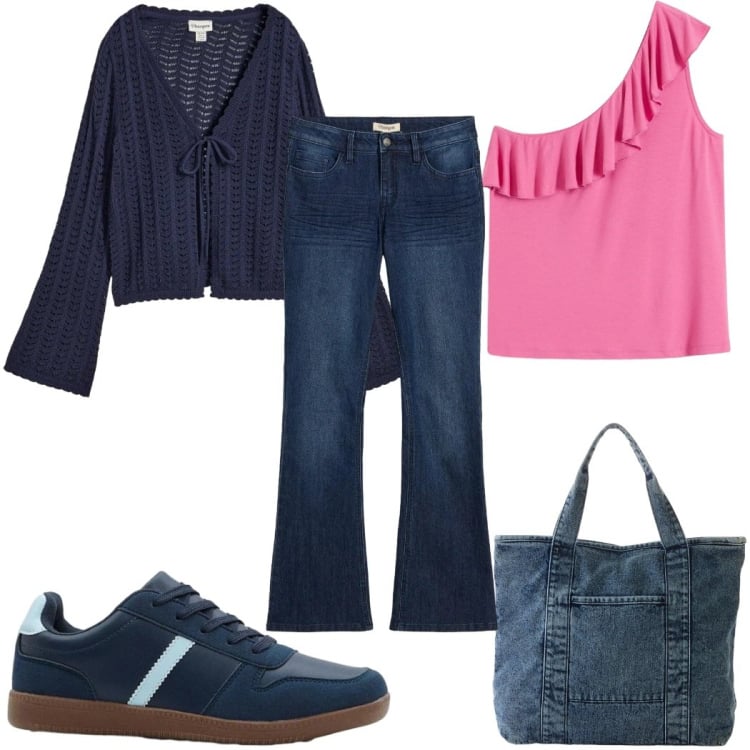 Outfit donna - bonprix - Look primaverili boho. Stile Boho per Tutti i giorni. Abbinamento con jeans a zampa, cardigans, sneakers, shopping bag, top.