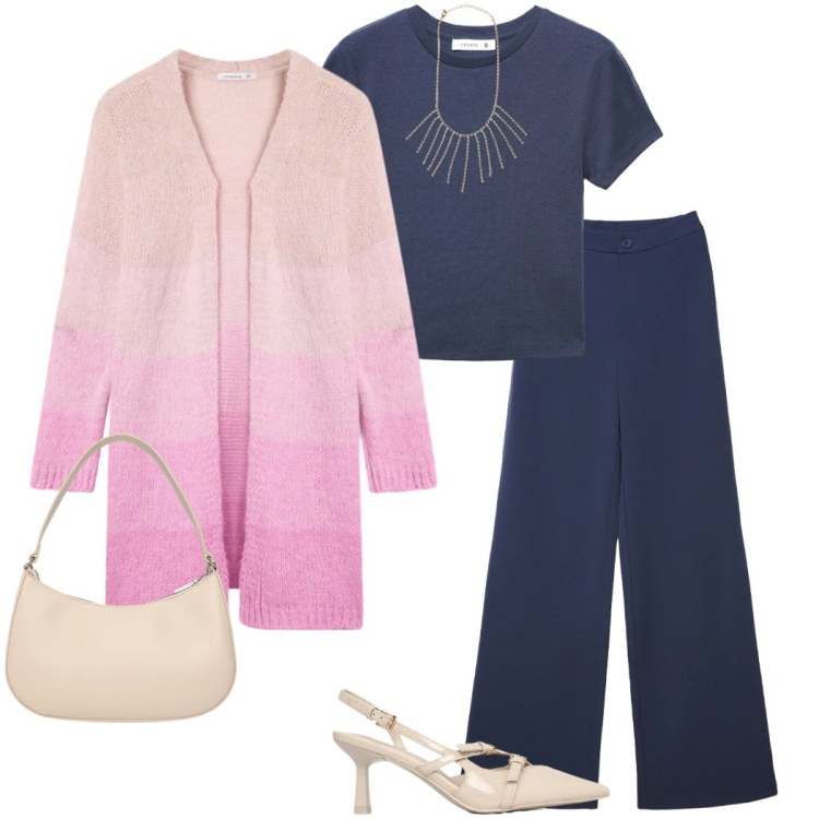 Outfit donna - New collection Terranova. Stile Casual chic per Ufficio. Abbinamento con pantaloni, t-shirt, collane, décolleté, borse a tracolla, cardigans.