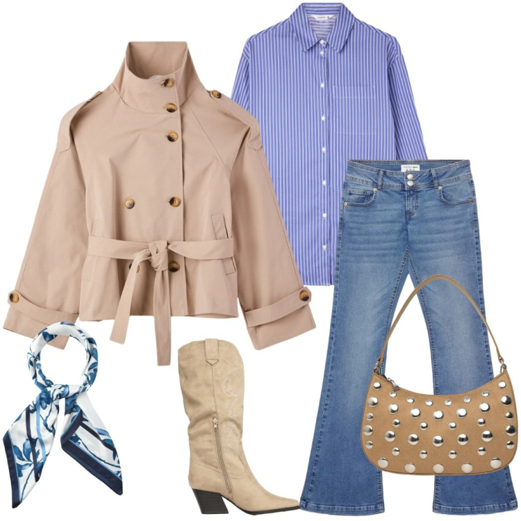 Outfit donna - New collection Terranova. Stile Urban per Ufficio. Abbinamento con camicie, jeans a zampa, stivali, borse a tracolla, foulard, caban.