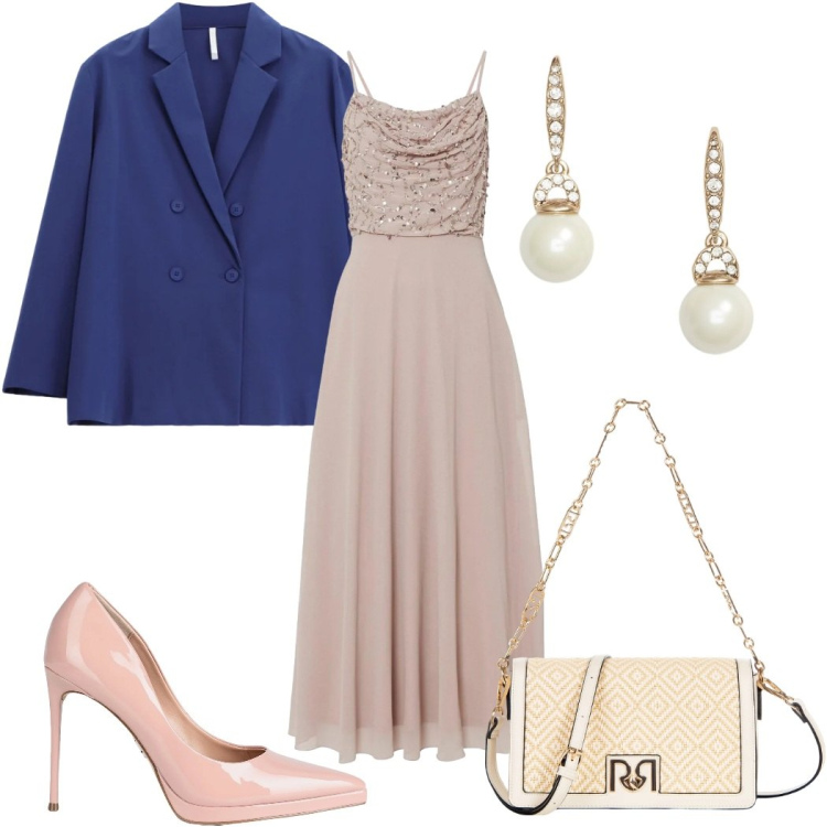 Outfit donna - Blazer di primavera - cerimonia glamour. Stile Glamour per Cerimonia. Abbinamento con décolleté, vestiti, blazer, borse a tracolla, orecchini.