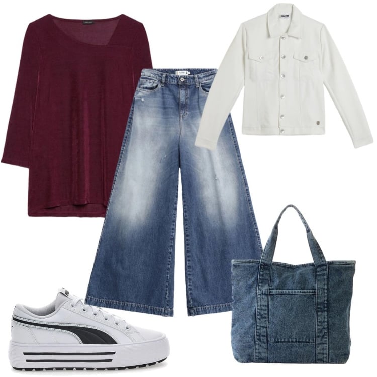 Outfit donna - Denim di mezza stagione : la borsa. Stile Trendy per Tutti i giorni. Abbinamento con shopping bag, bluse, giacche, jeans, sneakers.