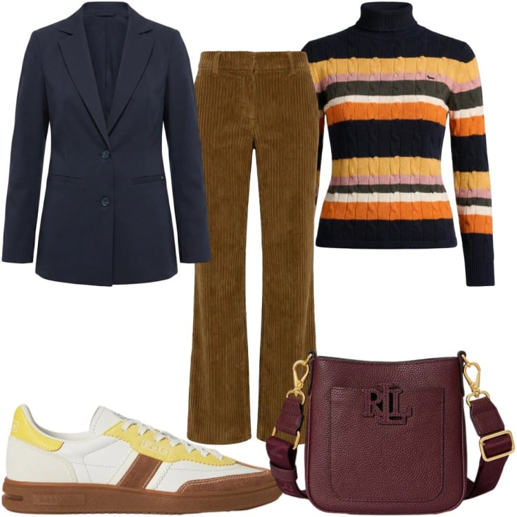Outfit donna - Mediterranean Glow - Harmont & Blaine 70. Stile 70s per Tutti i giorni. Abbinamento con pantaloni, blazer, maglieria, borse a tracolla, sneakers.