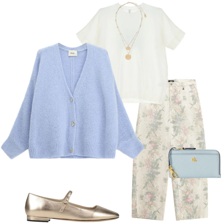 Outfit donna - Primavera. Stile Casual chic per Ufficio. Abbinamento con ballerine, t-shirt, cardigans, pantaloni a palazzo, ciondoli, portafogli.