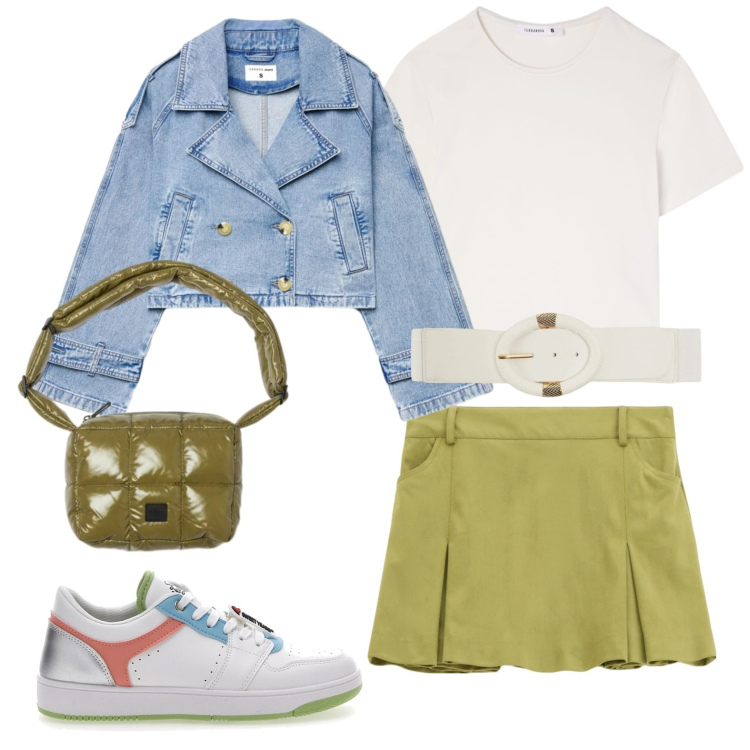 Outfit donna - Minigonna verde lime. Stile Urban per Scuola/Università. Abbinamento con cinture, t-shirt, caban, minigonne, borse a spalla, sneakers.