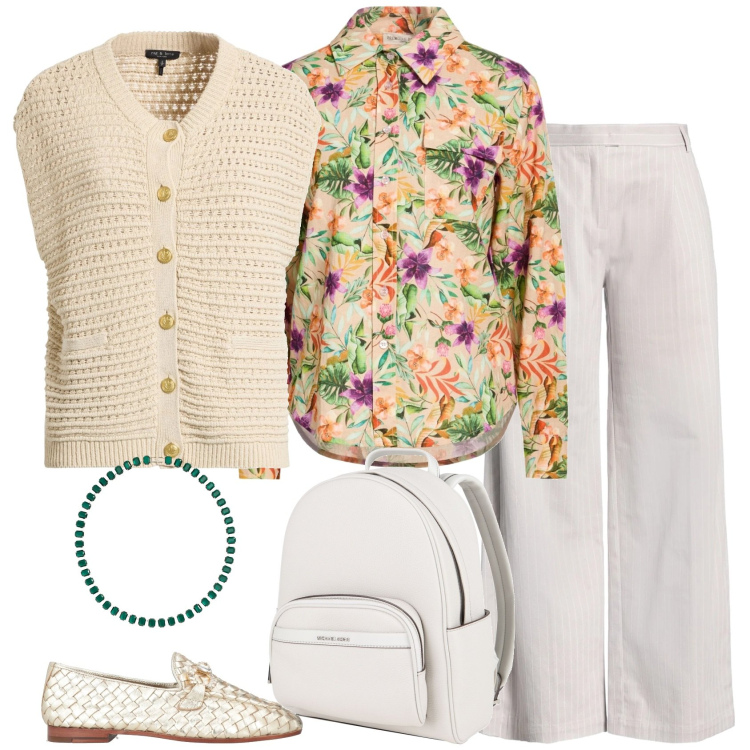 Outfit donna - Marzo. Stile Casual chic per Ufficio. Abbinamento con camicie, zaini, cardigans, pantaloni, mocassini, collane.