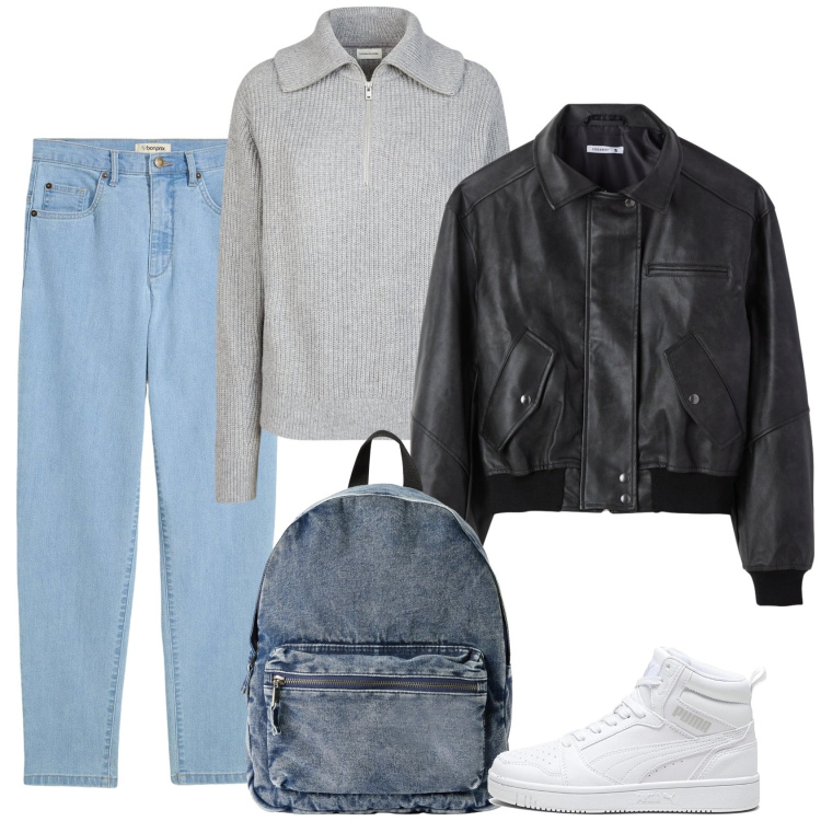 Outfit donna - Gita scolastica. Stile Casual per Scuola/Università. Abbinamento con jeans mom, giacche, zaini, sneakers alte, maglieria.