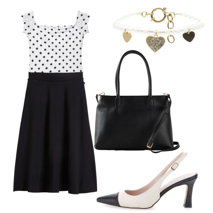Outfit donna - L\'Eleganza del Contrasto. Stile Bon Ton per Ufficio. Abbinamento con gonne longuette, borse a mano, top, braccialetti, décolleté.