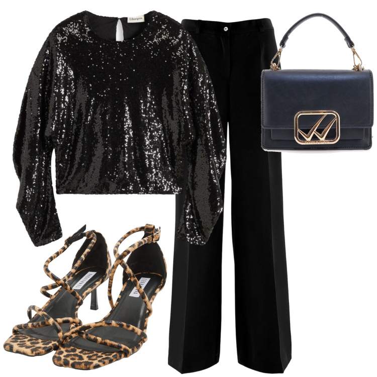 Outfit donna - Wild Midnight: Eleganza & Carattere. Stile Glamour per Serata fuori. Abbinamento con pantaloni, bluse, sandali col tacco, borse a tracolla.