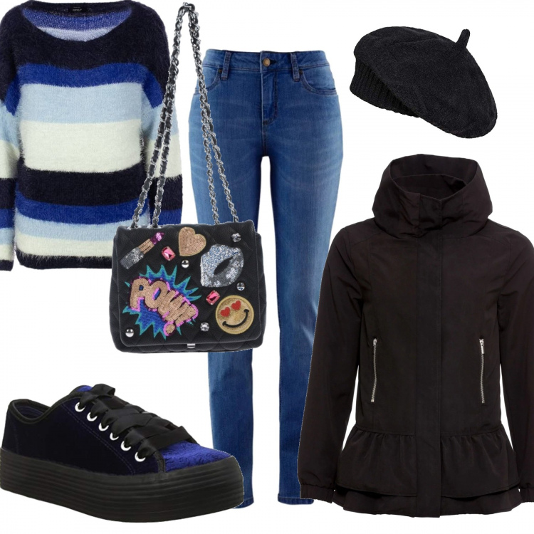 Outfit donna - Ancora freddo. Stile Basic per Tutti i giorni. Abbinamento con jeans skinny, giacca, borsa a tracolla mini contrasto a scatto interno foderato in pelle sintetica tinta unita, maglione a righe blu, scarpe col tacco pumps in velluto blu, maglia in pile.