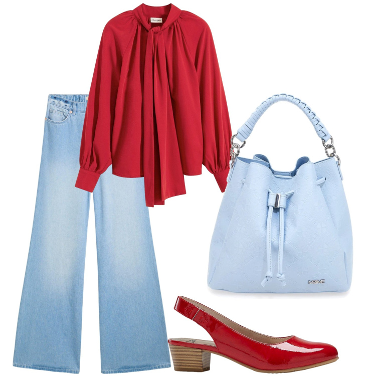Outfit donna - Red Passion & Sky Blue: Contrasti di Pri. Stile Urban per Ufficio. Abbinamento con décolleté, camicie, jeans, borse a secchiello.