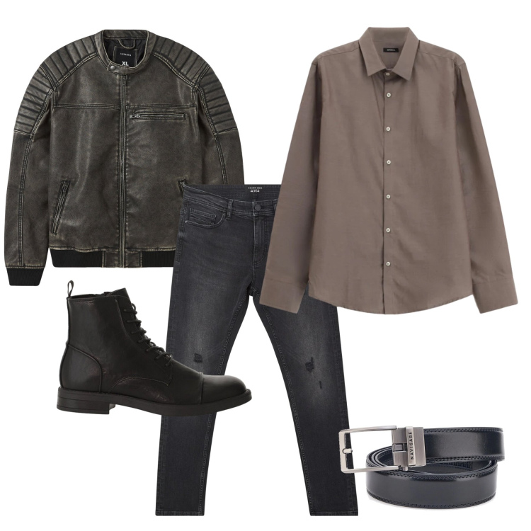 Outfit uomo - Marzo. Stile Trendy per Tutti i giorni. Abbinamento con camicie, anfibi, giacche, jeans strappati, cinture.