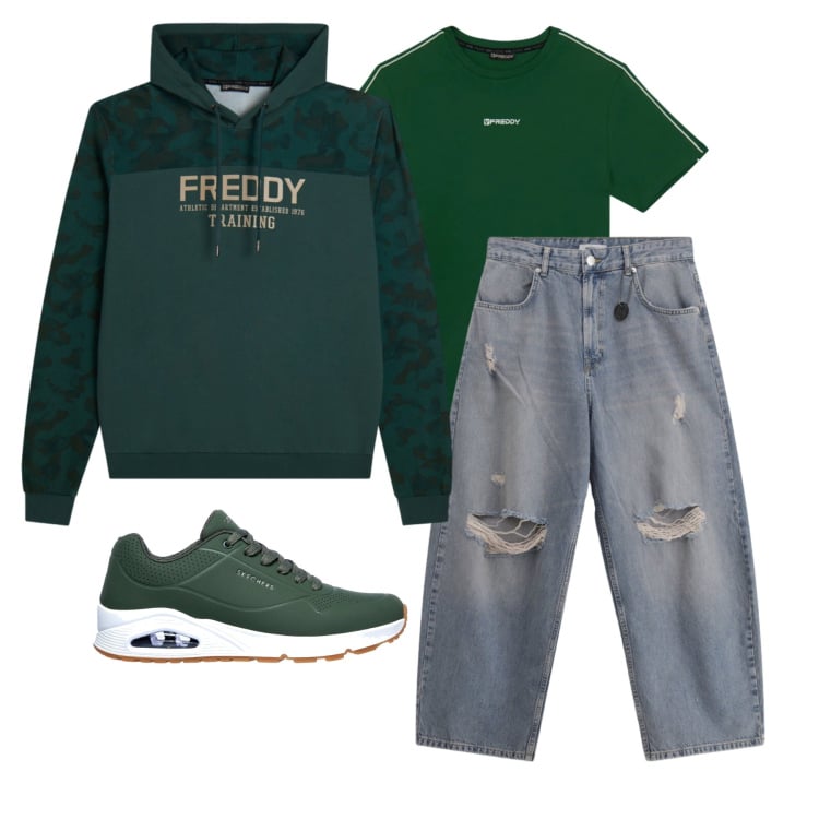 Outfit uomo - Marzo. Stile Urban per Tutti i giorni. Abbinamento con jeans strappati, t-shirt sportive, felpe con cappuccio, sneakers.