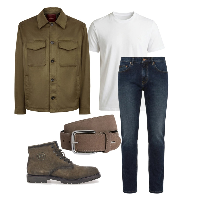 Outfit uomo - Marzo. Stile Trendy per Tutti i giorni. Abbinamento con jeans, t-shirt, cinture, stivali e stivaletti, giacche.