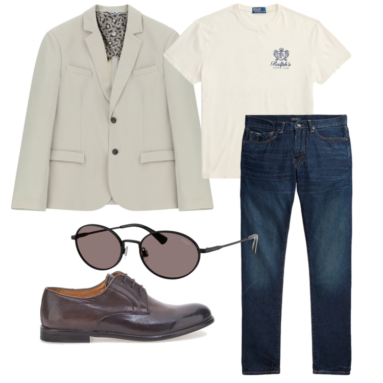 Outfit uomo - Marzo. Stile Trendy per Tutti i giorni. Abbinamento con giacche, occhiali da sole, jeans, t-shirt, scarpe stringate.