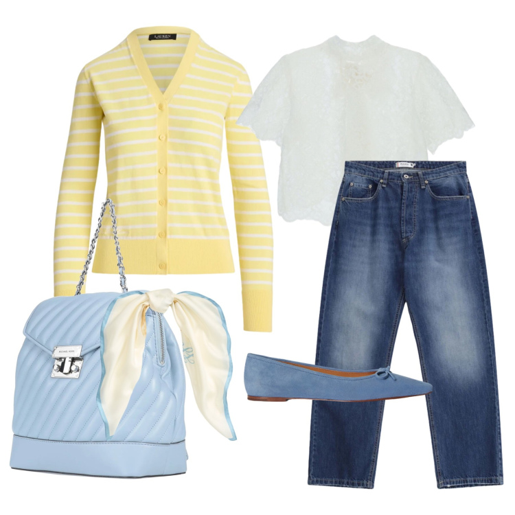 Outfit donna - Marzo. Stile Chic per Tutti i giorni. Abbinamento con zaini, top, jeans dritti, ballerine, foulard, cardigans.