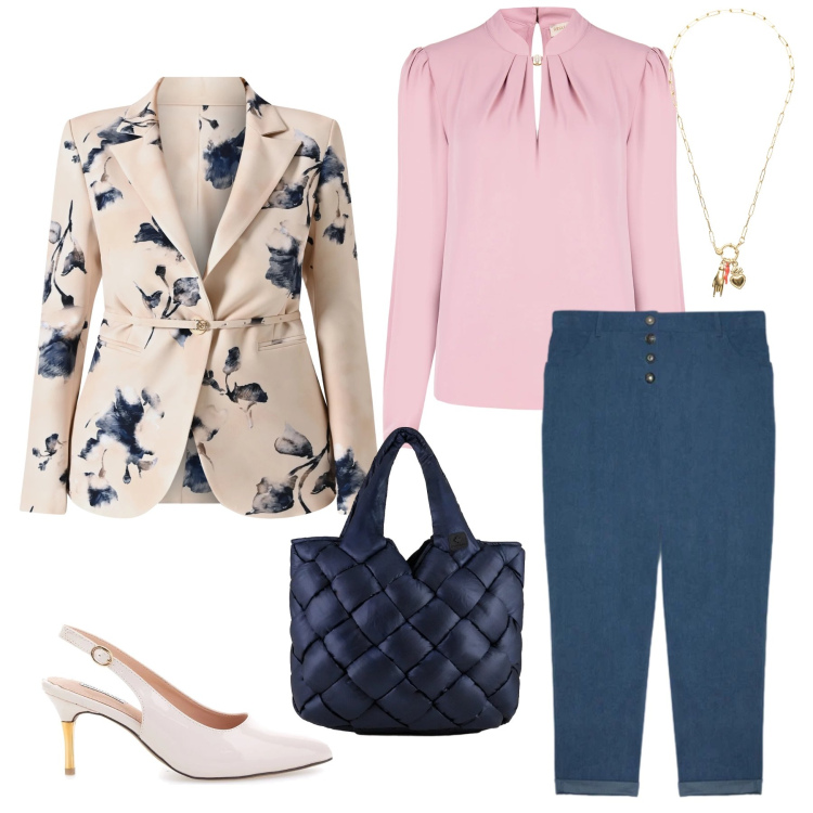 Outfit donna - Romantic Business. Stile Trendy per Tutti i giorni. Abbinamento con pantaloni, ciondoli, bluse, blazer, borse tote, décolleté.