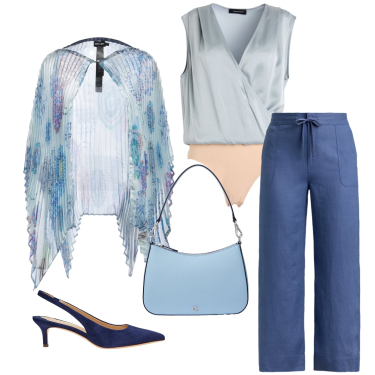 Outfit donna - Leggerezza e Fluidità Mediterranea. Stile Casual chic per Cerimonia. Abbinamento con cappe, body, borse a spalla, décolleté, pantaloni.