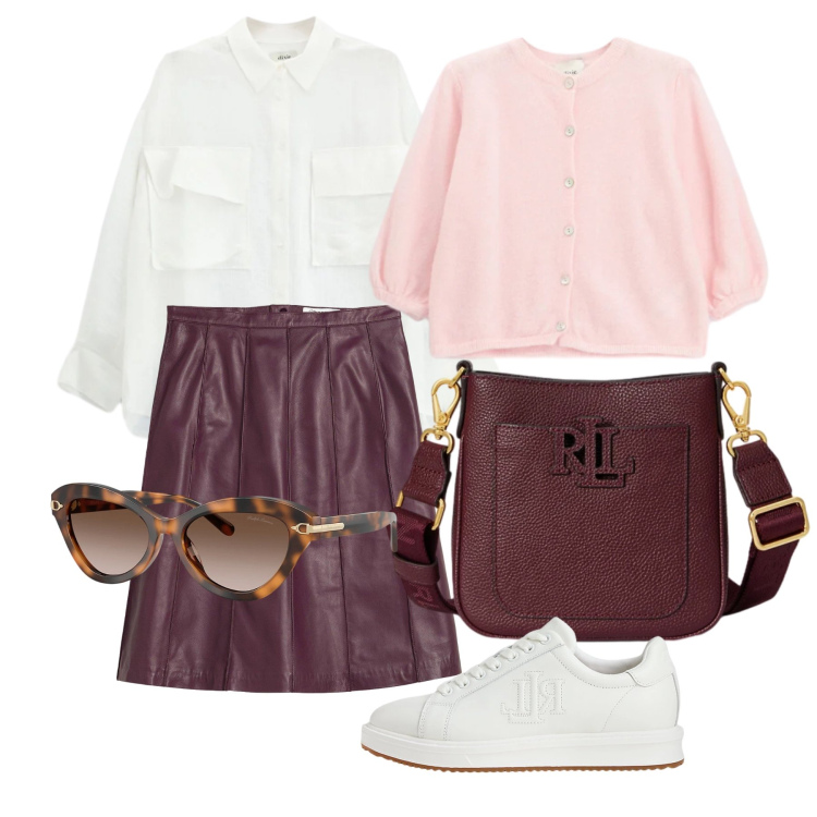 Outfit donna - Marzo. Stile Glamour per Tutti i giorni. Abbinamento con gonne, cardigans, camicie, sneakers, occhiali da sole, borse a tracolla.