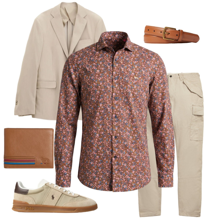 Outfit uomo - Eleganza Botanica. Stile Trendy per Tutti i giorni. Abbinamento con portafogli, camicie, giacche, cinture, pantaloni cargo, sneakers.