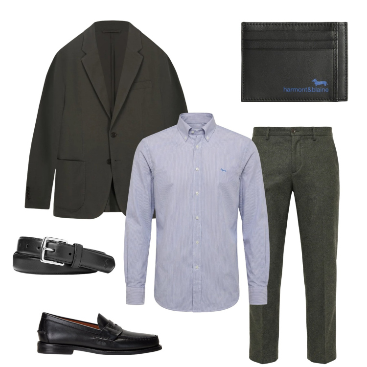 Outfit uomo - Casual in Toni Foresta e Nero. Stile Urban per Tutti i giorni. Abbinamento con pantaloni chino, camicie, portafogli, cinture, scarpe stringate, giacche.