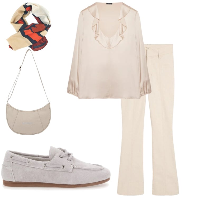 Outfit donna - Seta e Sabbia: Riflessi di Primavera. Stile Minimal per Ufficio. Abbinamento con jeans bootcut, bluse, borse a spalla, foulard, mocassini.