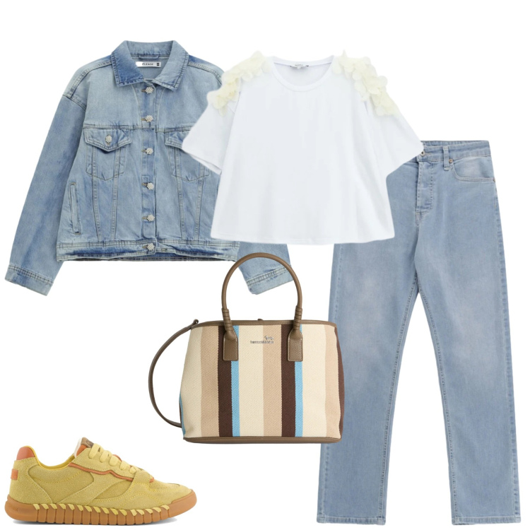 Outfit donna - Light blue denim. Stile Casual per Tutti i giorni. Abbinamento con shopping bag, jeans, blazer, t-shirt, sneakers.